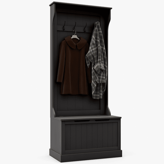 Hemvt 3-in-1 Entryway Hall Tree with Storage Bench, Coat Rack with 4 Double Hooks and Shoe Storage, Space-Saving Mudroom Organizer with Anti-Tip Device for Hallway