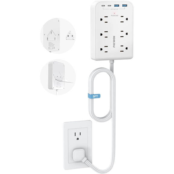 Hemvt 5FT Flat Electrical Outlet Extender, Multi Plug Outlet Extender with 6 AC Outlet and 4 USB Ports, Short Power Strip for Home Office Dorm, Keep Space Tidy