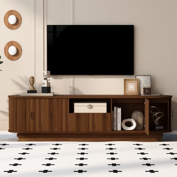 Hemvt 78.7" Wide Entertainment Center with Hidden Sliding Storage & Rounded Corners, Timeless American Style TV Stand, Antique brown