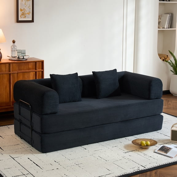 Hemvt 78'' Convertible Sleeper Sofa Bed with Cylindrical Pillow, Corduroy Folding Mattress Couch with Fixed-Shape Frame, Floor Sofa Lounge for Living Room Bedroom