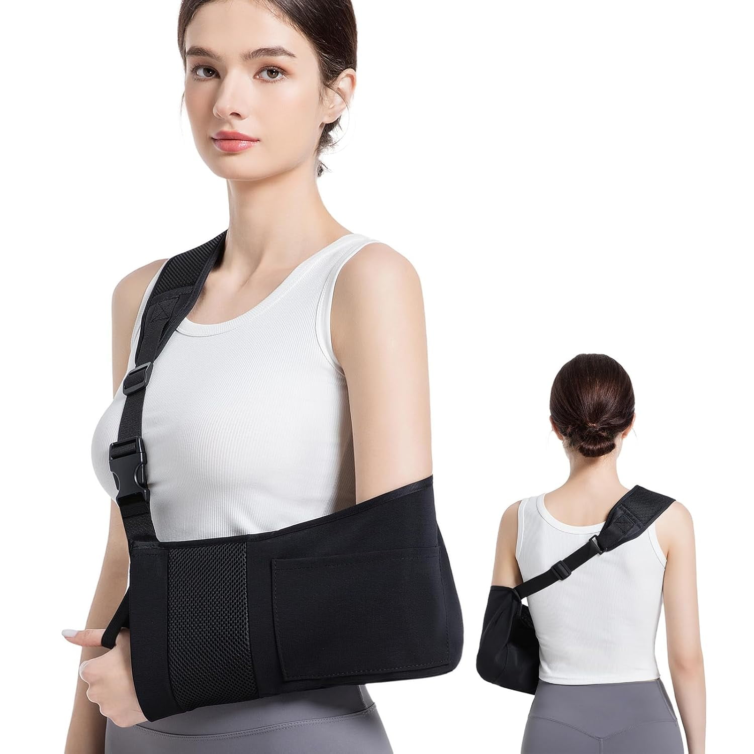 Hemvt Arm Sling for Shoulder Injury, Shoulder Immobilizer with Pocket, Adjustable Support Brace for Elbow Hand, Fits Left or Right Arm, Breathable Comfortable Black