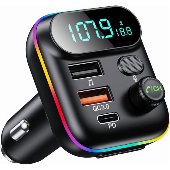 Hemvt Bluetooth Car Adapter for Hands-Free Calls, FM Radio Transmitter with 20W PD/QC3.0 Port, LED Backlit, Wireless Music Adapter for All Cars