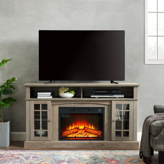 Hemvt Classic TV Stand for 65" TV with 23" Electric Fireplace, Entertainment Center with Glass Doors & Storage, Media Console in Gray Wash for Living Room, Gray Wash