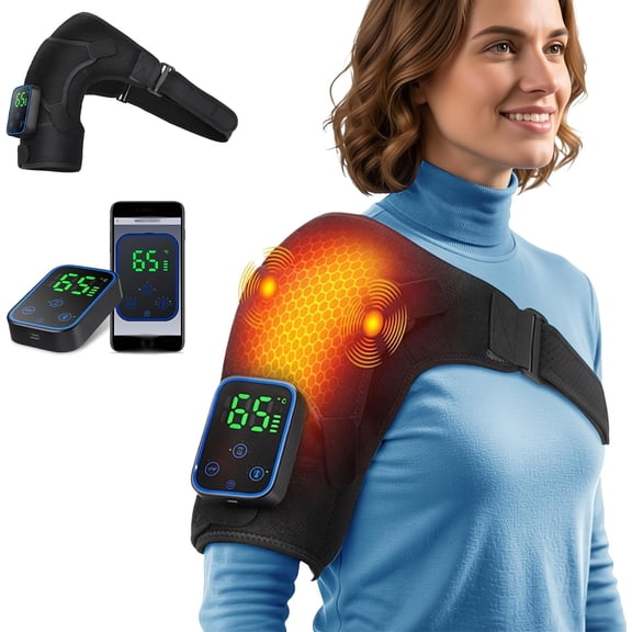 Hemvt Cordless Shoulder Heating Pad with Vibration Massage, Left Right Heated Shoulder Brace for Rotator Cuff, Shoulder Heated Wrap for Men & Women, 5000mAh Battery, Black