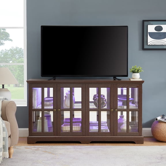 Hemvt LED Curio TV Stand with Glass Doors, Antique Showcase for Collectibles with Adjustable Shelves & Remote Control Lighting, Cherry Finish Display Cabinet for Living Room or Office