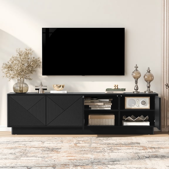 Hemvt Modern 4-Door Wave Design TV Stand with Adjustable Shelves, 16-Color USB LED Accent Lighting, 74.8" Wide Storage Cabinet for Living Room, Bedroom, Home Office, Black