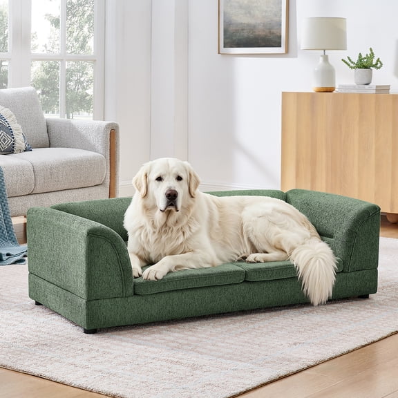 Hemvt Modern Pet Sofa for Large Dogs, Miniature Dog Couch with Curved Arms and Linen Upholstery, Plush Raised Bed with Orthopedic Foam Support for Oversized Breeds