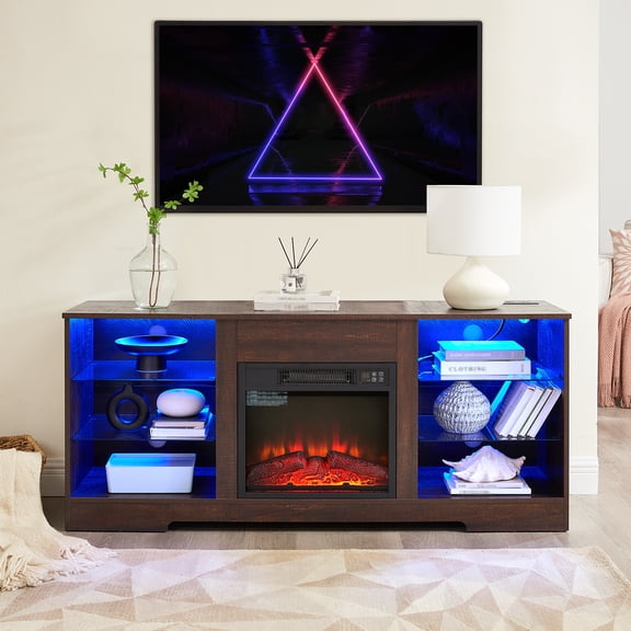 Hemvt Modern TV Stand for Living Room with Electric Fireplace, 58" Media Console with Glass Shelves, LED Color Lights, USB Charging Outlet & Remote Control, Fits TVs up to 65", Espresso