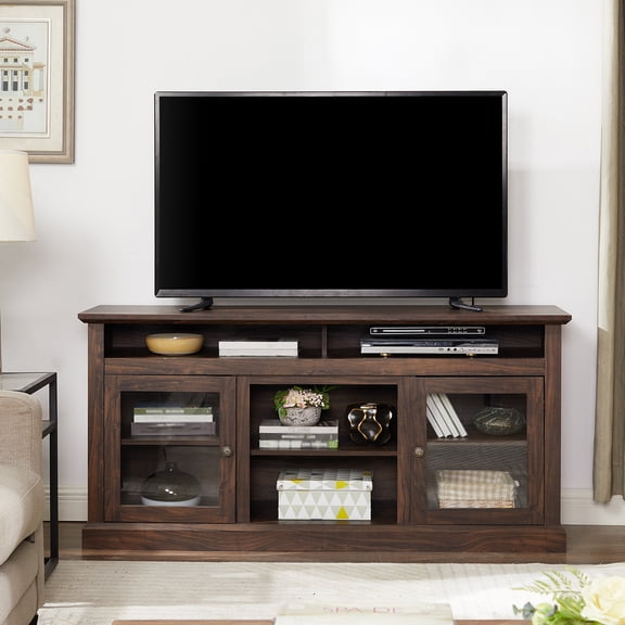 Hemvt Modern TV Stand for 65 Inch TV, Entertainment Center with Open & Closed Storage Space, Stone Gray Media Console for Living Room, 60"W, Brown