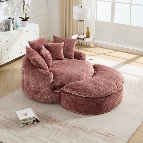 Hemvt Oversized Round Lounge Chair with Movable Ottoman, Cloud Comfy Reading Chair, Extra Roomy Circular Seat, No Assembly, Modern Accent Chair for Living Room Bedroom Balcony, Pink