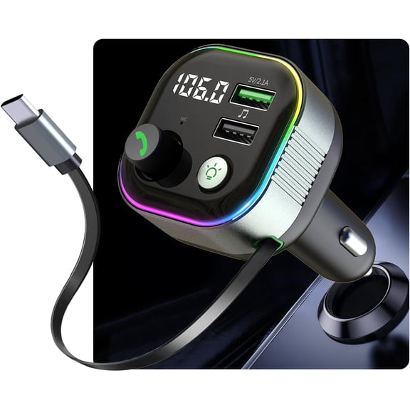 Hemvt Wireless FM Transmitter, Bluetooth 5.4 Car Adapter with 65W PD Fast Charging, Hi-Fi Bass, Retractable Cable, MP3 Player, Hands-Free Calling