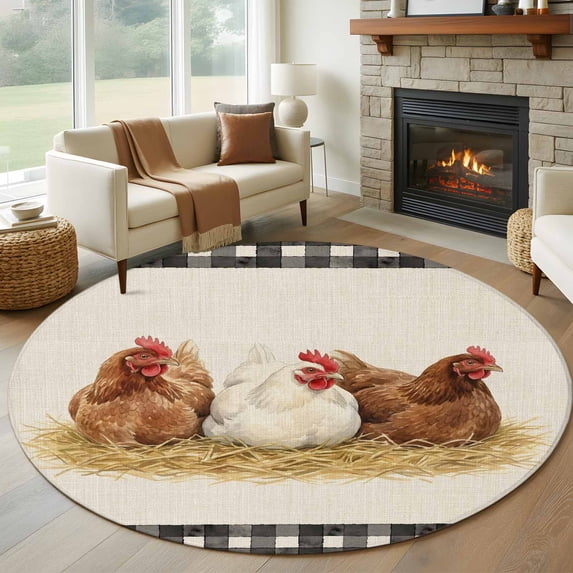 Hen 8FT Round Area Rugs for Living Room Vintage Farmhouse Hen Straw Linen Texture Black Plaid Ultra-Thin Non-Slip Round Rugs Machine Washable Low Pile Circle Carpet for Bedroom Kitchen Nursery
