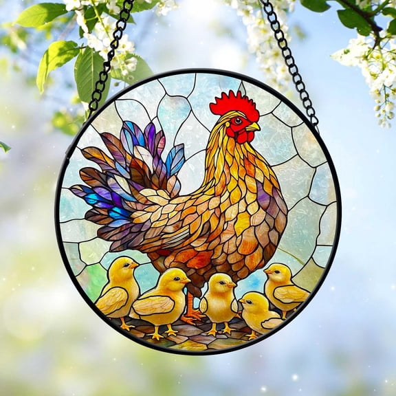 Hen And Chicks Faux Stain Glass Suncatcher, Chicken and Chicks Ornament Window Hanging, Farm Animal Suncatcher, Perfect Farmer Gift