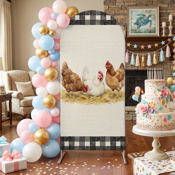 Hen Arch Backdrop Covers 4 FT, Retro Country Straw Hen Linen Texture Black Plaid Stretchy Fitted Arched Stand Covers Party Arch Stand Cover Photo Booth for Wedding Birthday Decor