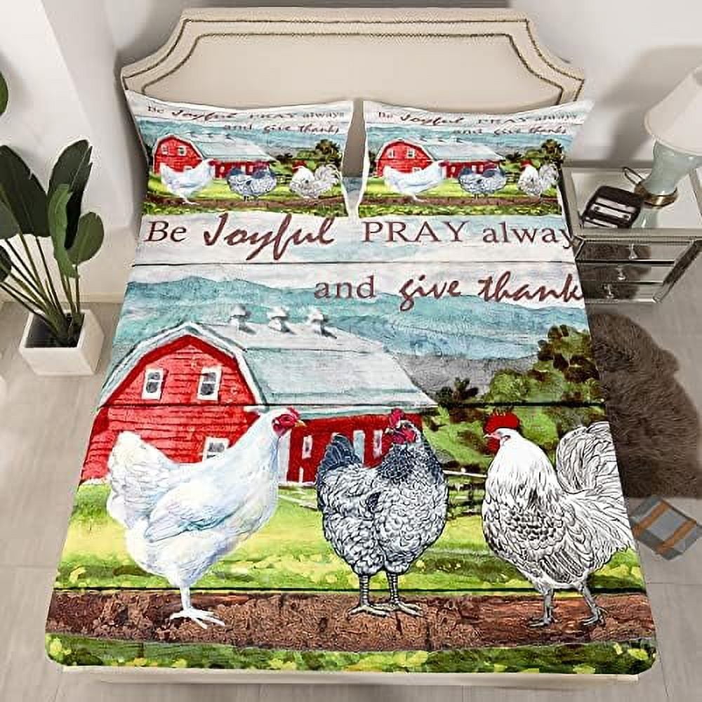 Hen Bedding Set Twin Size Flowers Leaves Fitted Sheet 2pcs for Kids