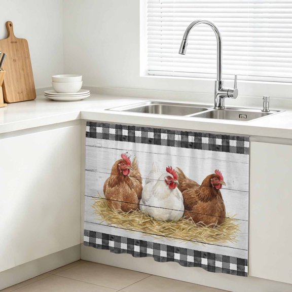 Hen Cabinet Curtains for Kitchen 28"W x 35"L, Vintage Farmhouse Hen Straw Wood Grain Black Plaid Farmhouse Sink Skirt Magic Tape Short Curtain Decorative Privacy Panel for Bathroom Laundry
