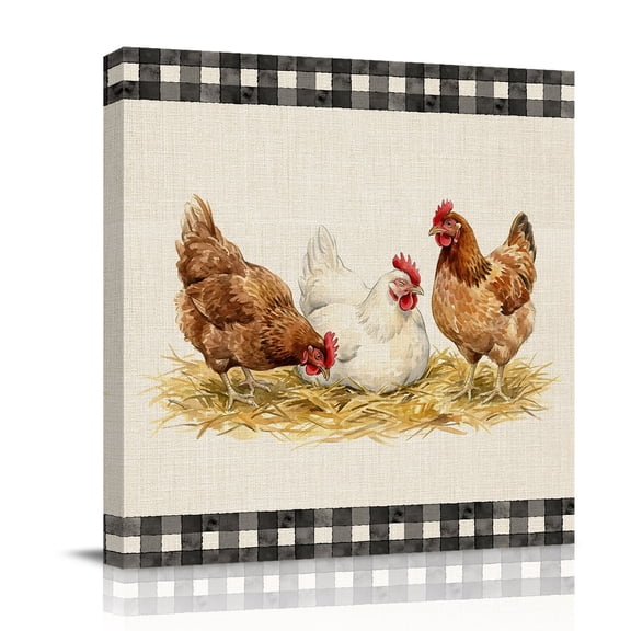 Hen Canvas Wall Art for Living Room, Retro Country Straw Hen Linen Texture Black Plaid Poster Print Painting for Bedroom Office Home Decoration Wall Pictures Prepare To Hang 8"x8"