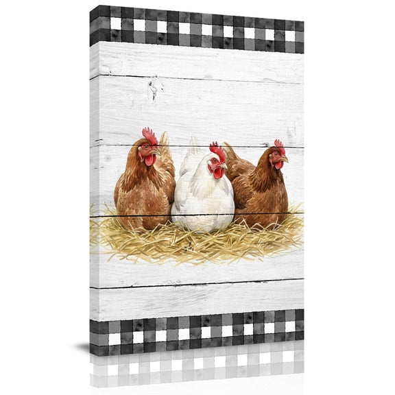 Hen Canvas Wall Art for Living Room, Vintage Farmhouse Hen Straw Wood Grain Black Plaid Wall Decor Framed Artwork Pictures Ready to Hang for Bedroom Office Home Decor