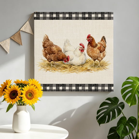Hen Canvas Wall Art, Retro Country Straw Hen Linen Texture Black Plaid Framed Canvas Wall Decor Picture Print Artwork Decorations for Living Room Office Ready to Hang 8" x 8"