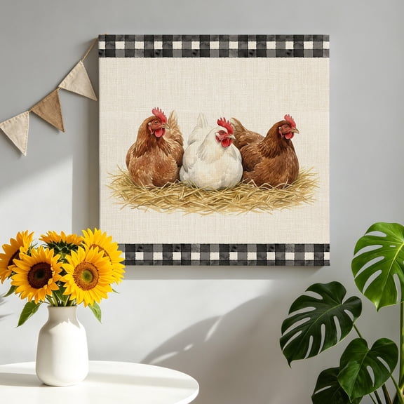 Hen Canvas Wall Art, Vintage Farmhouse Hen Straw Linen Texture Black Plaid Framed Canvas Wall Decor Picture Print Artwork Decorations for Living Room Office Ready to Hang 8" x 8"