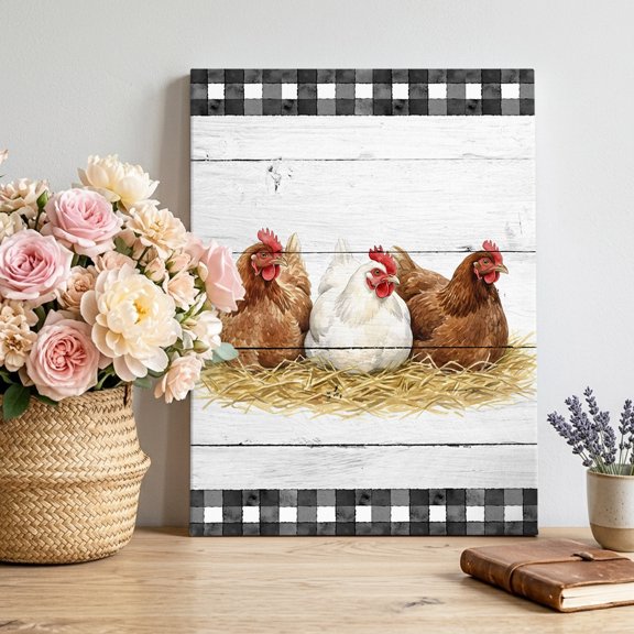 Hen Canvas Wall Art, Vintage Farmhouse Hen Straw Wood Grain Black Plaid Framed Canvas Wall Decor Picture Print Artwork Decorations for Living Room Office Ready to Hang 36" x 24"