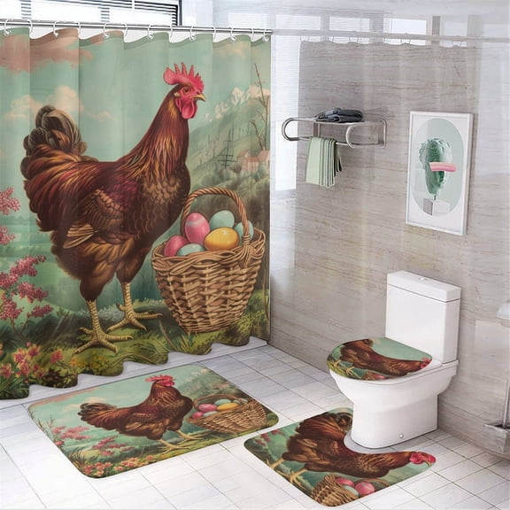 Hen Carrying Easter Eggs In Her Basket 4 Piece Decor Shower Curtains Sets Rug Toilet Lid Cover And Non-Slip U Shape Mat Farmhouse Welcome Easter Holiday Waterproof Durable Bathroom Decor Shower