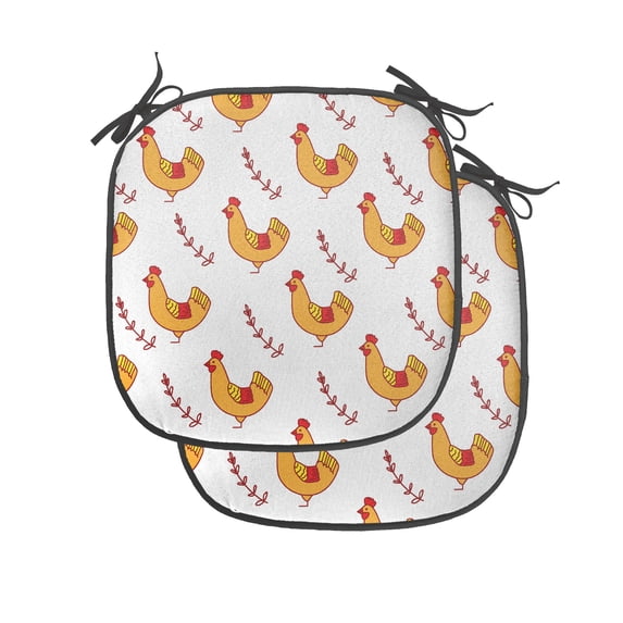 Hen Chair Seating Cushion Set of 2, Continuous Pattern of Doodle Chicken and Leafy Branch, Seat Pads for Office with Anti-slip Backing, 16"x16", Orange Dark Pink, by Ambesonne