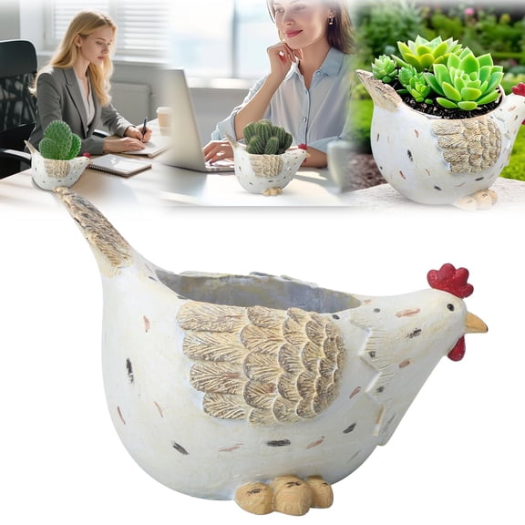 Hen Chicken Planter Pot, Resin Farm Animal Flower Pot for Succulents & Small Plants, Rustic Farmhouse Easter Decor for Indoor Outdoor Patio Garde