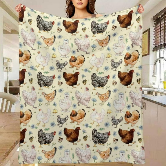Hen Chicken and Rooster Family Throw Blanket Gifts for Chicken Lovers Warm Ultra-Soft Micro Fleece Blanket for Bed Couch Living Room 60"x50"