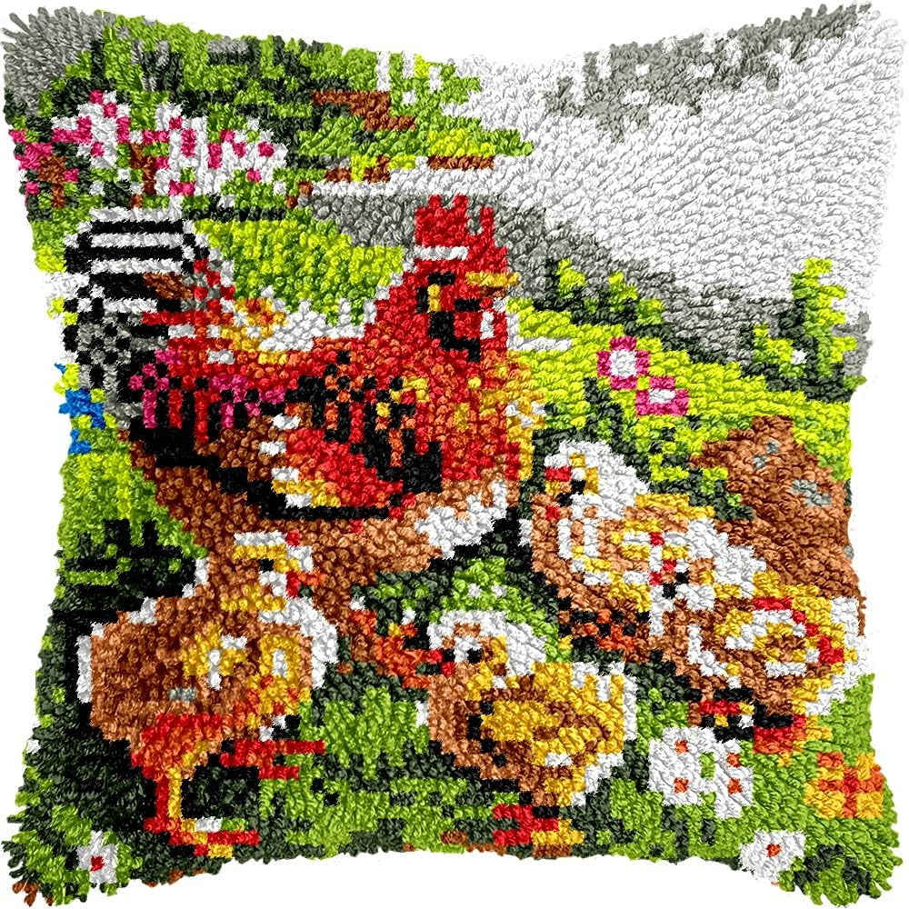 Hen & Chickens Latch Hook Kits Pillow kits Cushion Throw Pillow Embroidery Craft Kits DIY Kits of DIY Hooking Pillowcase Cover Supplier with Color Printed Canvas 43x43cm (38)
