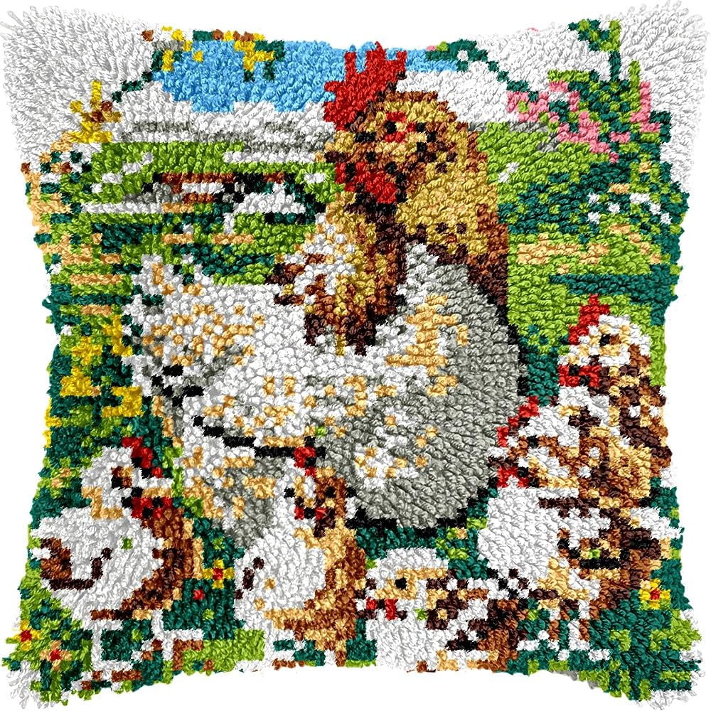 Hen & Chickens Latch Hook Pillow Kits for DIY Handmade Throw Pillow Cushion Embroidery Latch Hooking Pillowcase Kits with Preprinted Canvas Crochet Yarn Kits 17''X 17''(g217)
