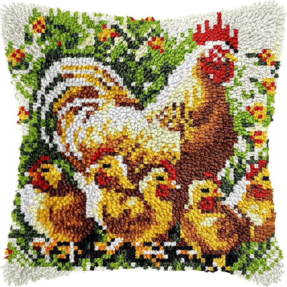 Hen & Chickens Latch Hook Pillow Kits DIY Pillowcase Cushion Cover Crochet Hooking Pillow Making Kits with Color Pattern Canvas Crochet Hooking Kits Pillow 43x43cm(RC-02)