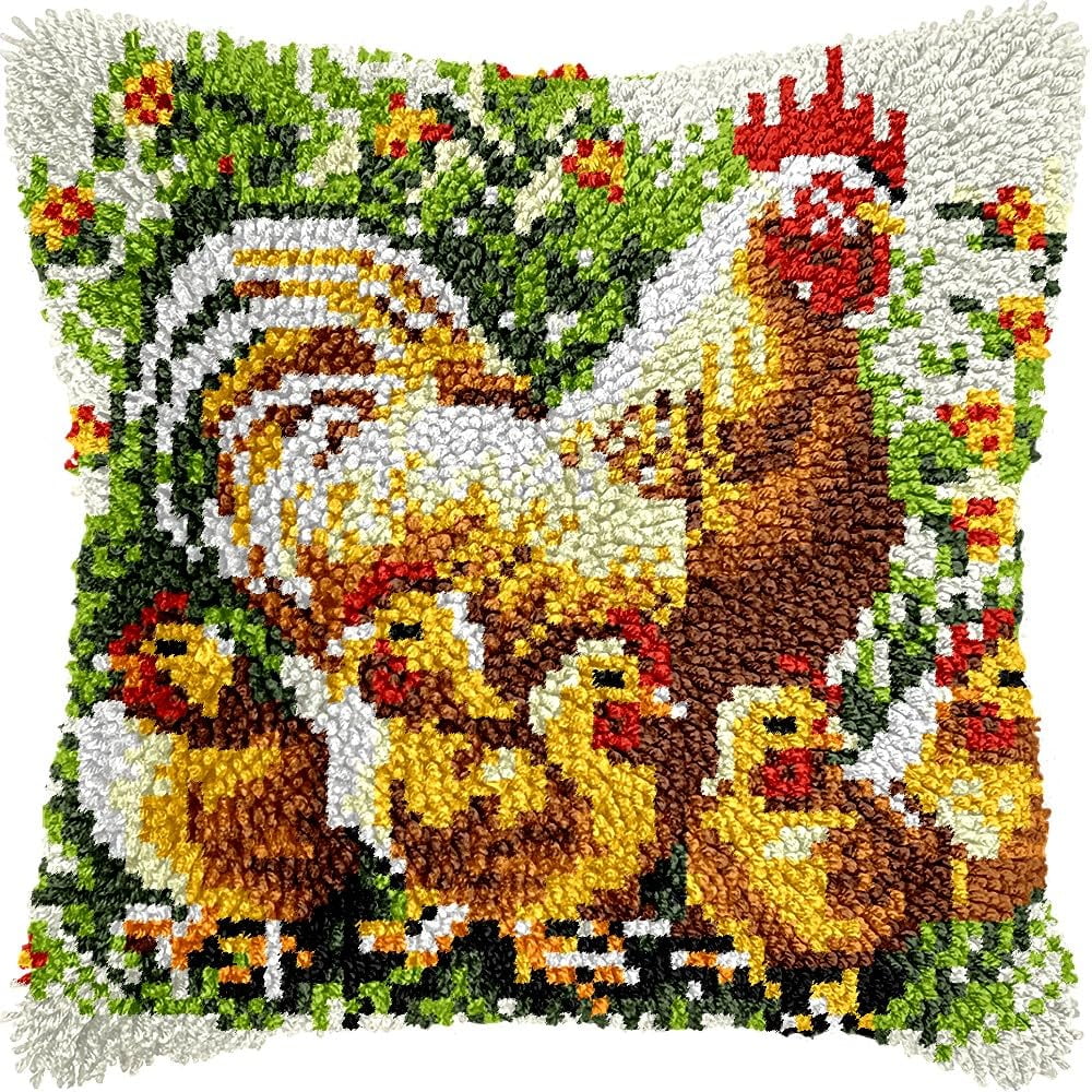 Hen & Chickens Latch Hook Pillow Kits for DIY Throw Pillow Cushion Embroidery Latch Hooking Pillowcase Kits with Preprinted Canvas Crochet Yarn Kits for Home Decor 17''X 17''(C107)