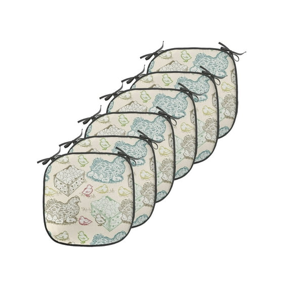 Hen and Chicks Chair Seating Cushion Set of 6, Repetitive Pattern with Colorful Outline and Mother, Seat Pads for Office with Anti-slip Backing, 16"x16", Eggshell Multicolor, by Ambesonne