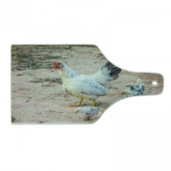 Hen and Chicks Cutting Board, Farm Themed Blurred Back Photo with Mother and Baby Animals Print, Decorative Tempered Glass Cutting and Serving Board, in 3 Sizes, by Ambesonne