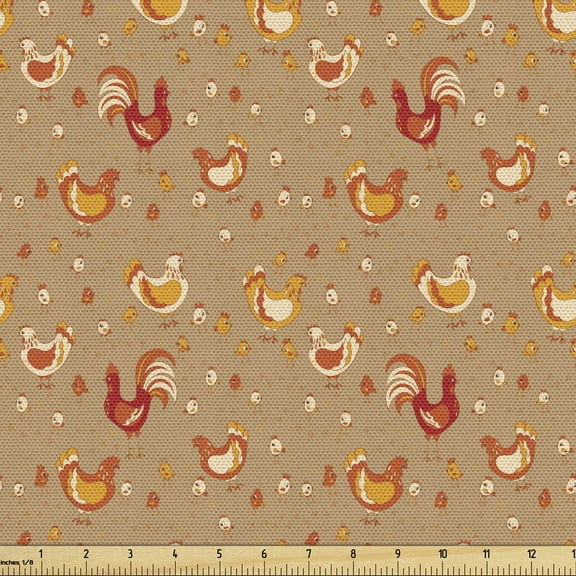 Ambesonne Hen and Chicks Fabric by the Yard Upholstery, Farm Family Animals, 3 Yards, Camel Vermilion