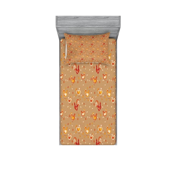 Hen and Chicks Fitted Sheet & Pillow Sham Set, Doodle Pattern of Rooster Chicken and, Decorative Printed 4 Piece Bedding Decor Set, Twinxl, Camel Vermilion, by Ambesonne