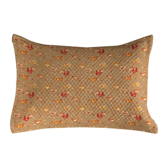 Hen and Chicks Quilted Pillowcover, Doodle Pattern of Rooster Chicken and, Standard King Size Accent Pillow Cover for Bedroom, 36" x 20", Camel Vermilion, by Ambesonne