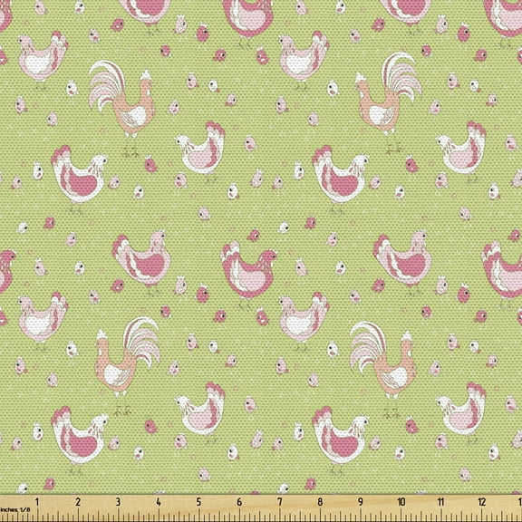 Ambesonne Hen and Chicks Fabric by the Yard Upholstery, Chicken and Rooster, 2 Yards, Green Pink