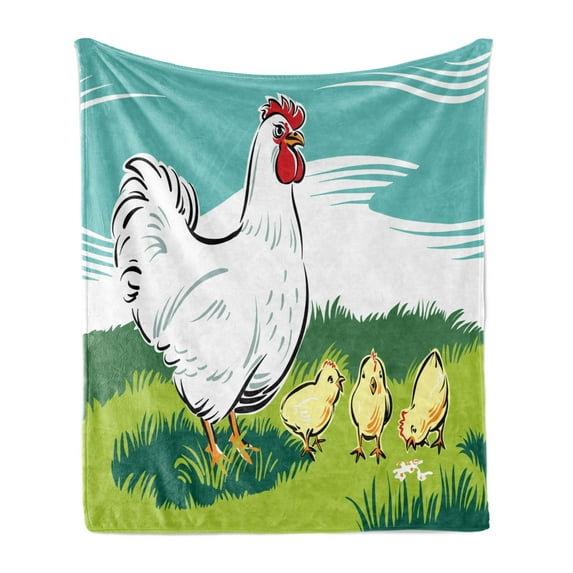 Hen and Chicks Soft Flannel Fleece Throw Blanket, Cartoon Illustration of Animal Mother and Little Babies on Grass, Cozy Plush for Indoor and Outdoor Use, 70" x 90", Multicolor, by Ambesonne