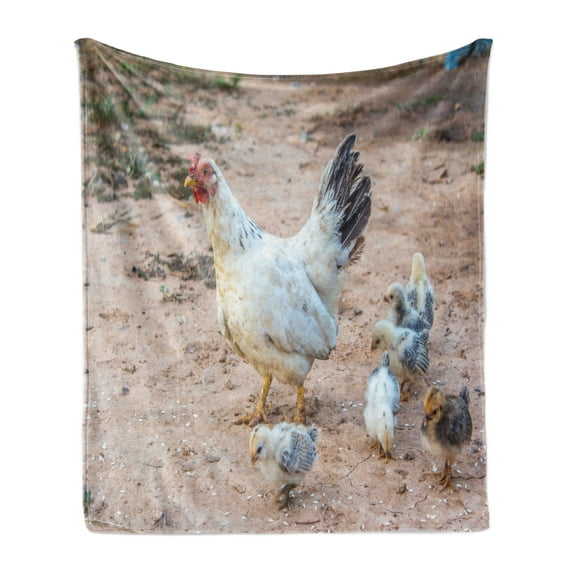 Hen and Chicks Soft Flannel Fleece Throw Blanket, Farm Themed Blurred Back Photo with Mother and Baby Animals Print, Cozy Plush for Indoor and Outdoor Use, 70" x 90", Multicolor, by Ambesonne
