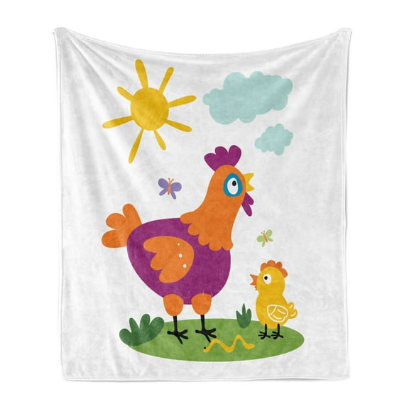 Hen and Chicks Soft Flannel Fleece Throw Blanket, Nursery Themed Cartoon with Chicken and Baby in Sunny Nature Day, Cozy Plush for Indoor and Outdoor Use, 50" x 70", Multicolor, by Ambesonne