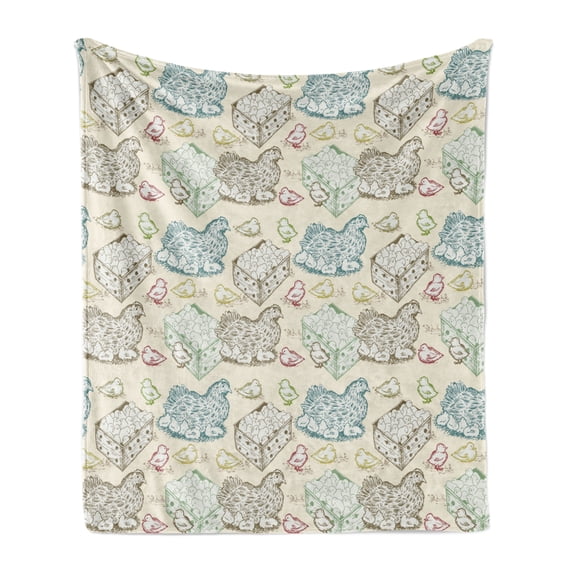 Hen and Chicks Soft Flannel Fleece Throw Blanket, Repetitive Pattern with Colorful Outline Babies and Mother, Cozy Plush for Indoor and Outdoor Use, 70" x 90", Eggshell and Multicolor, by Ambesonne