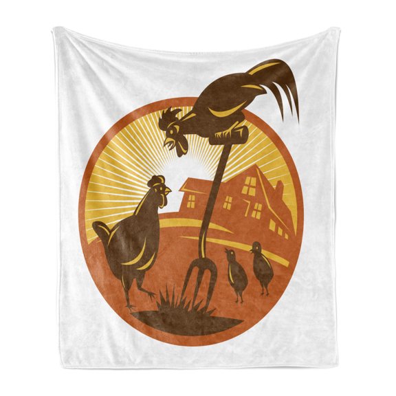 Hen and Chicks Soft Flannel Fleece Throw Blanket, Retro Countryside Design with Farm Rooster, Cozy Plush for Indoor and Outdoor Use, 70" x 90", Cinnamon Chocolate, by Ambesonne