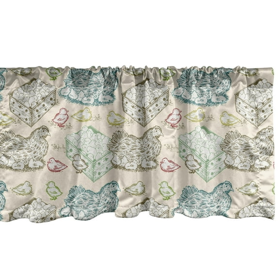 Hen and Chicks Window Valance Pack of 2, Repetitive Pattern with Colorful Outline and Mother, Rod Pocket Curtain Valances for Kitchen Bedroom, 54" X 12", Eggshell Multicolor, by Ambesonne