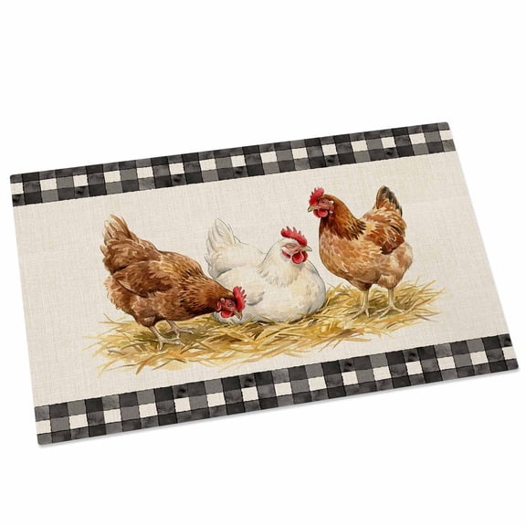 Hen Door Mat 16x24 Inch Retro Country Straw Hen Linen Texture Black Plaid Entryway Rug with Non-Slip Rubber, Front Door Mat Indoor Floor Mats for Living Room Bathroom Bedroom Home Office