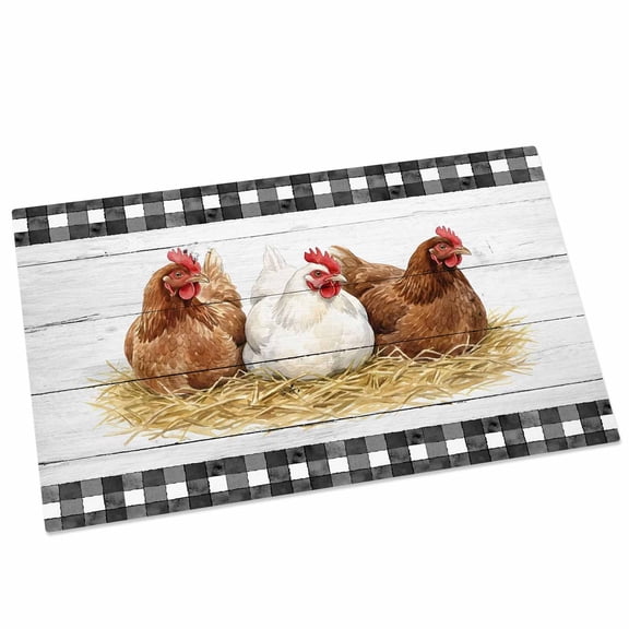 Hen Door Mat 16x24 Inch Vintage Farmhouse Hen Straw Wood Grain Black Plaid Entryway Rug with Non-Slip Rubber, Front Door Mat Indoor Floor Mats for Living Room Bathroom Bedroom Home Office