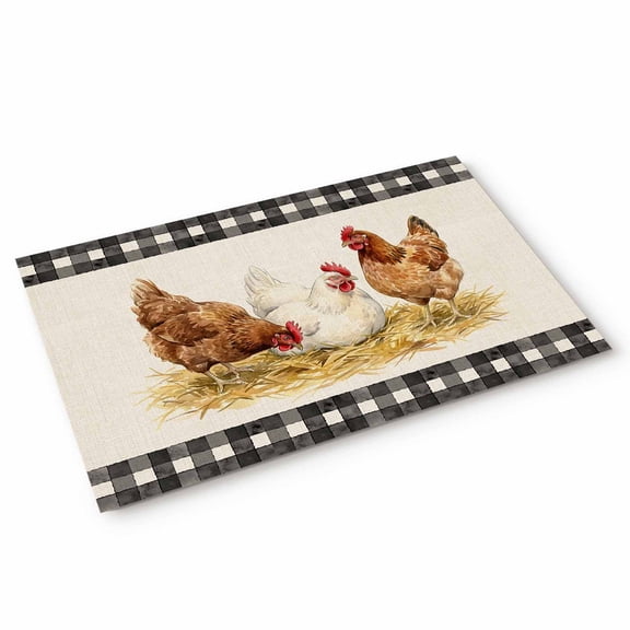 Hen Door Mat Retro Country Straw Hen Linen Texture Black Plaid Non Slip Absorbent Entrance Mat Washable Low Profile Indoor Doormat for Front Door Entryway Entry 16"x24"