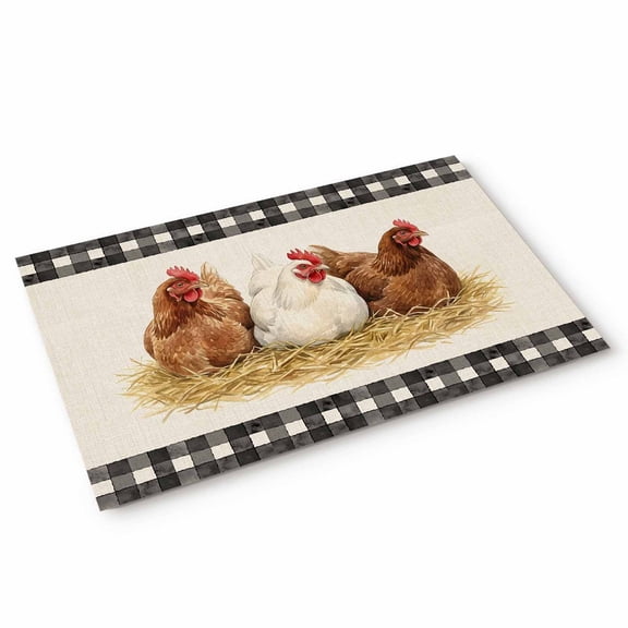 Hen Door Mat Vintage Farmhouse Hen Straw Linen Texture Black Plaid Non Slip Absorbent Entrance Mat Washable Low Profile Indoor Doormat for Front Door Entryway Entry 16"x24"