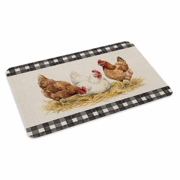 Hen Doormat Retro Country Straw Hen Linen Texture Black Plaid Non Slip Low Profile Rubber Door Mat Washable Absorbent Indoor Front Door Mat Entryway Rug Entrance Carpet 16x24 Inch
